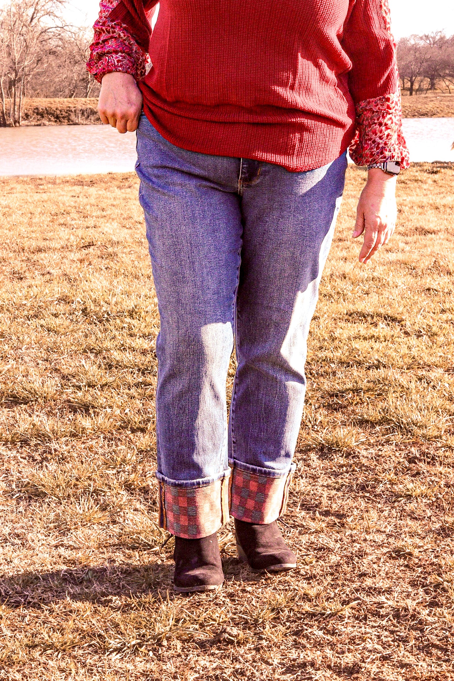 High Waisted Plaid Print Cuff Straight
