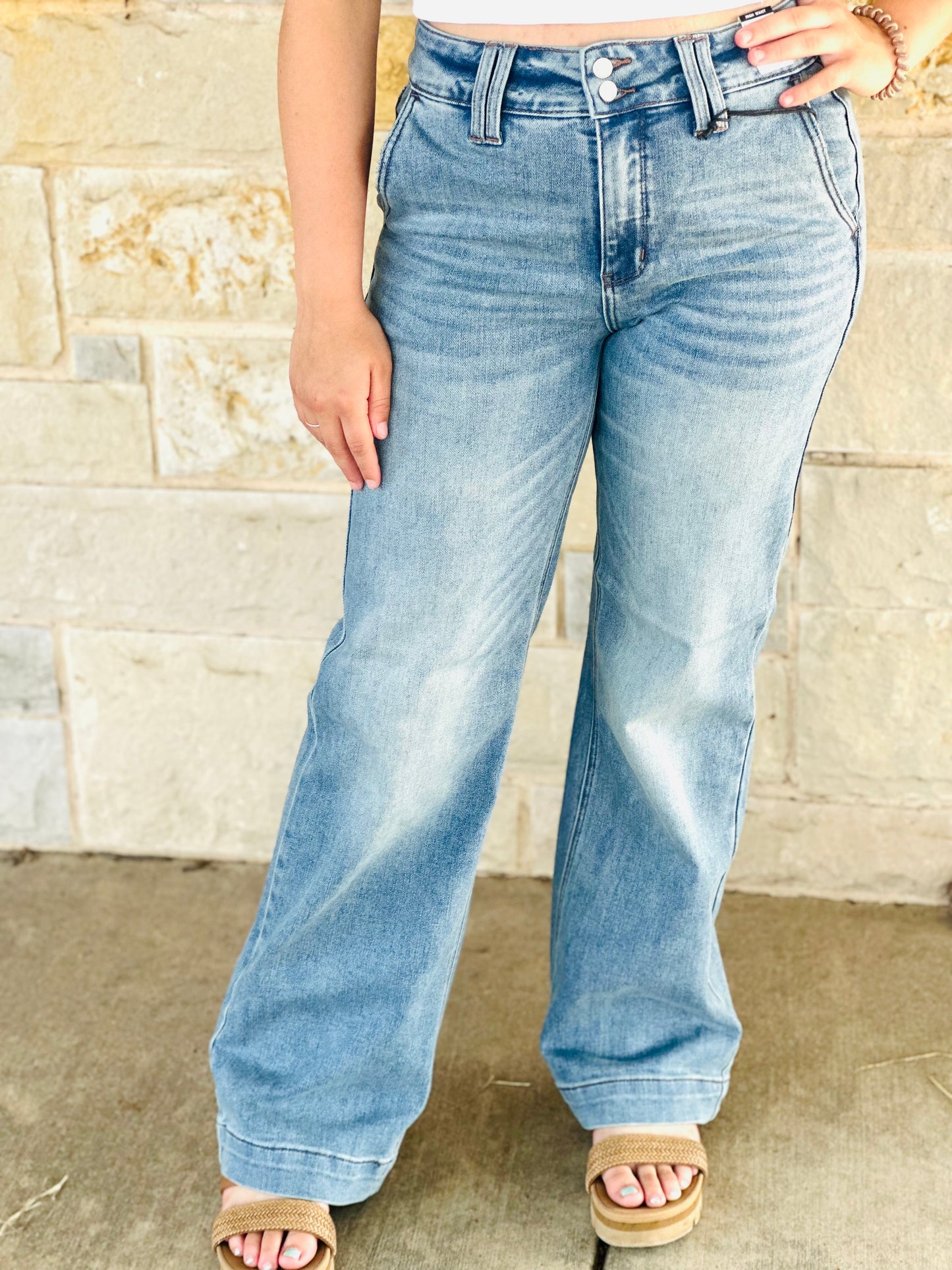 HW Double Button Waistband Wide Jeans