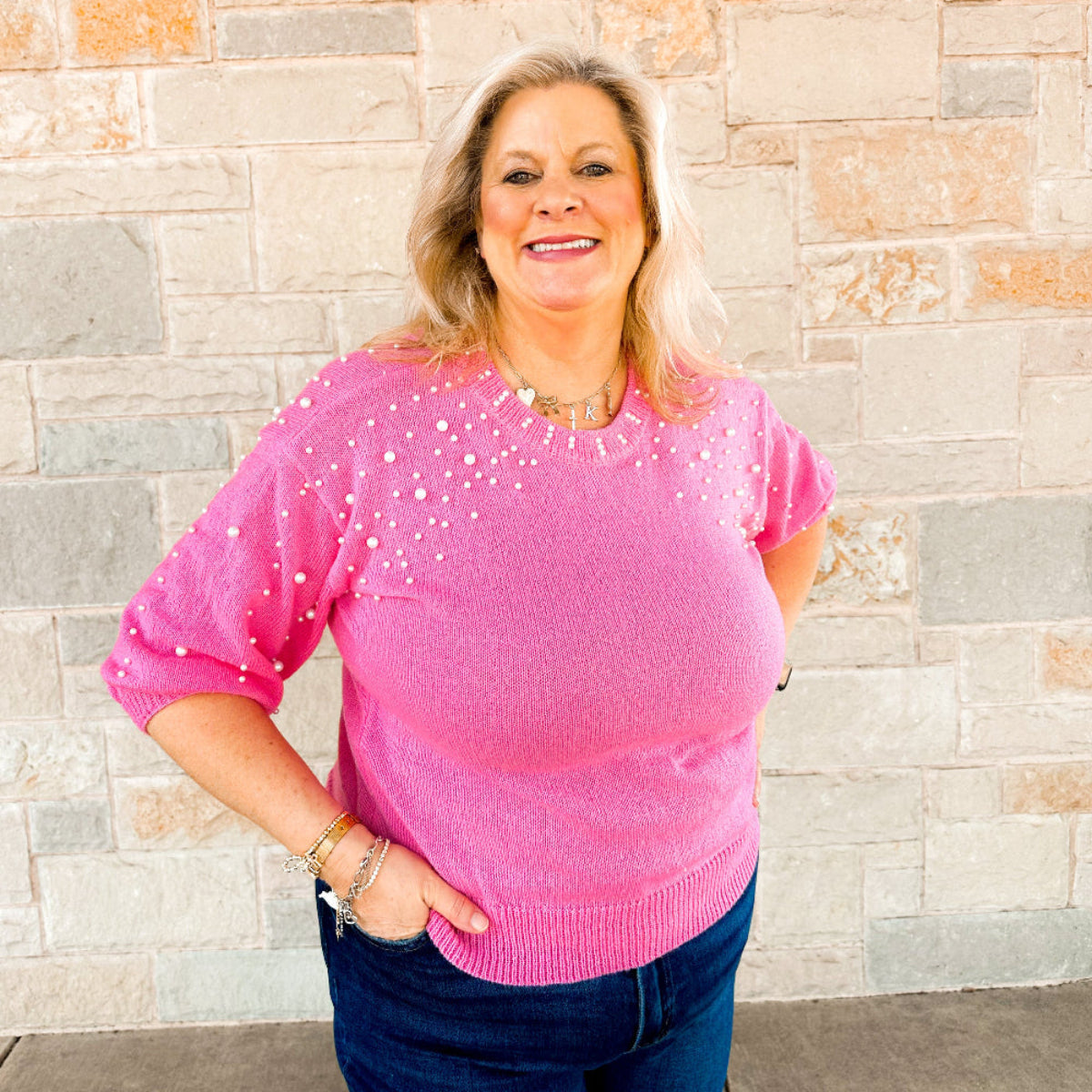 Pearl Beaded Short Sleeve Sweater Top