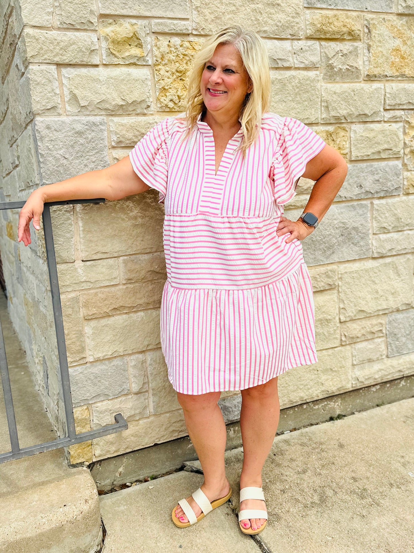 PINTUCK RUFFLE MIDI DRESS