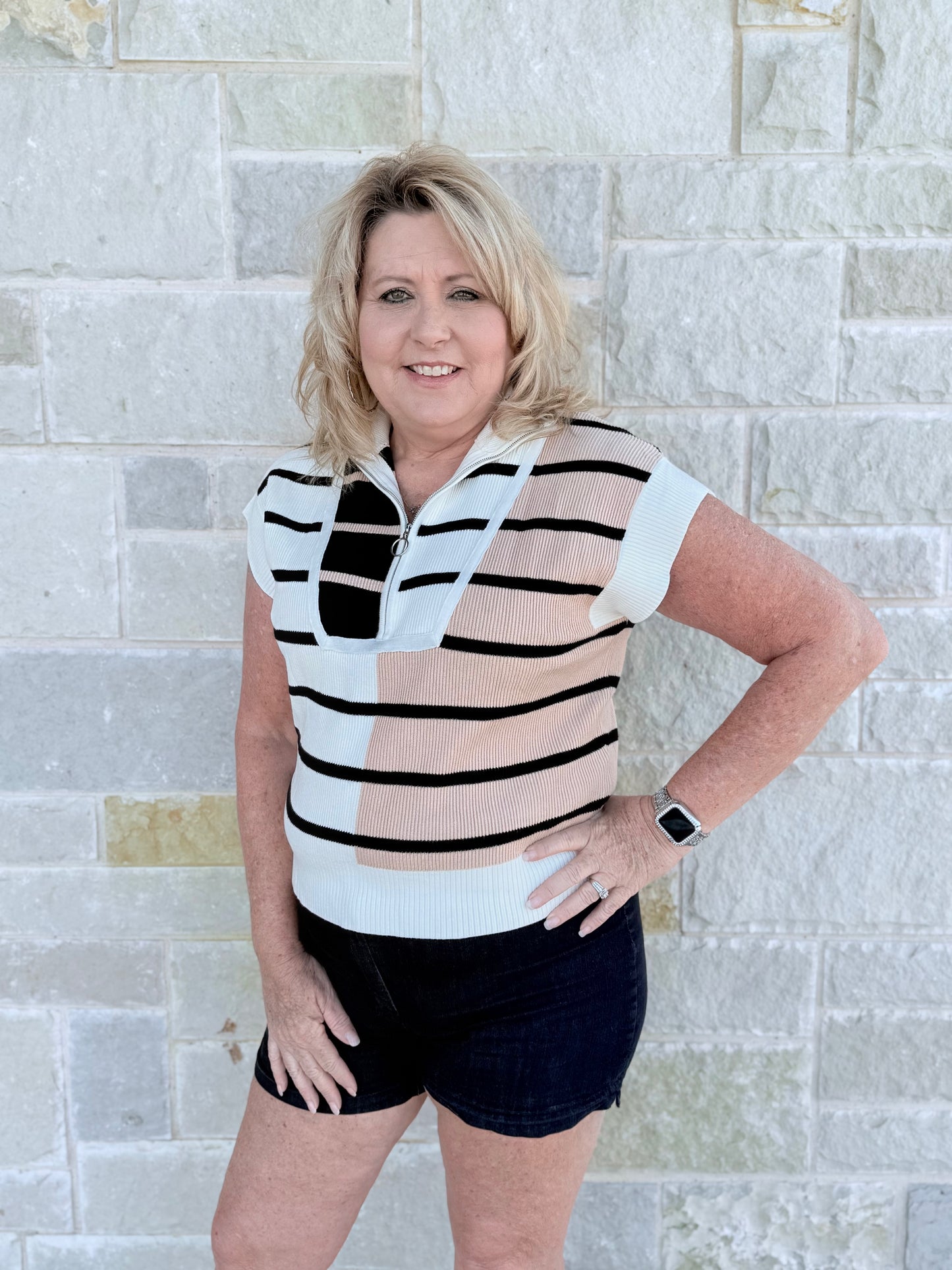 striped colorblock quarter zip coller sweater vest