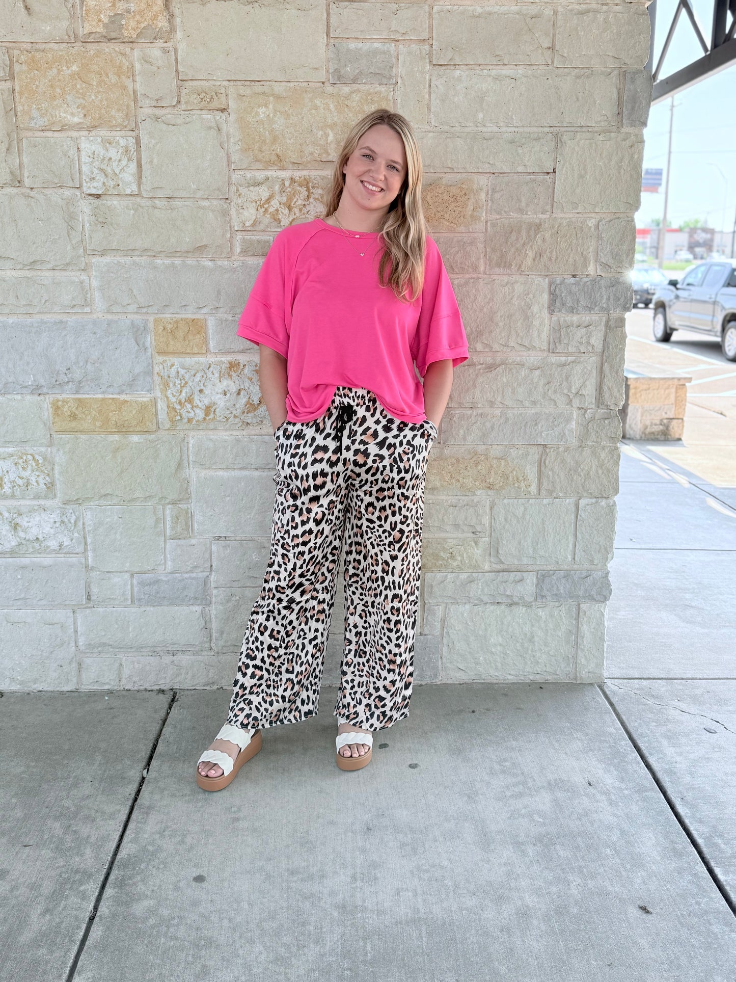 Leopard Drawstring Flowy Wide Leg Pants