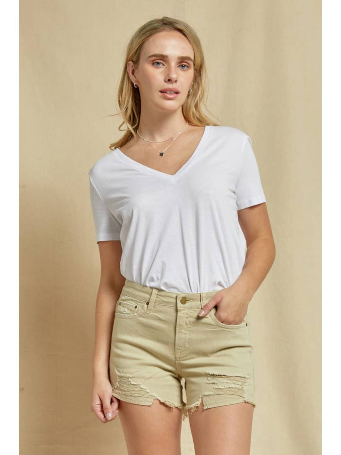 Mica beige distressed high-rise shorts