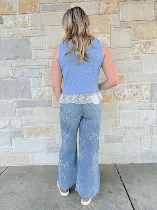 Aria Light Blue Lace-Trim Short Sleeve Sweater Cardigan