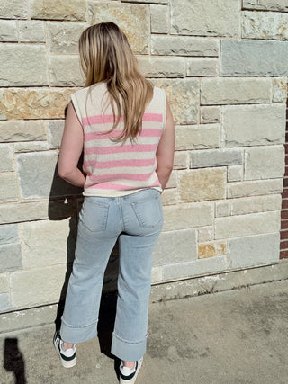 SLEEVELESS STRIPED BUTTON-DOWN KNIT SWEATER VEST