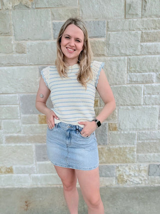 Isla Scalloped Striped Rib Knit Top | Crochet Lace Ruffle Sleeves - Double K Boutique, LLC