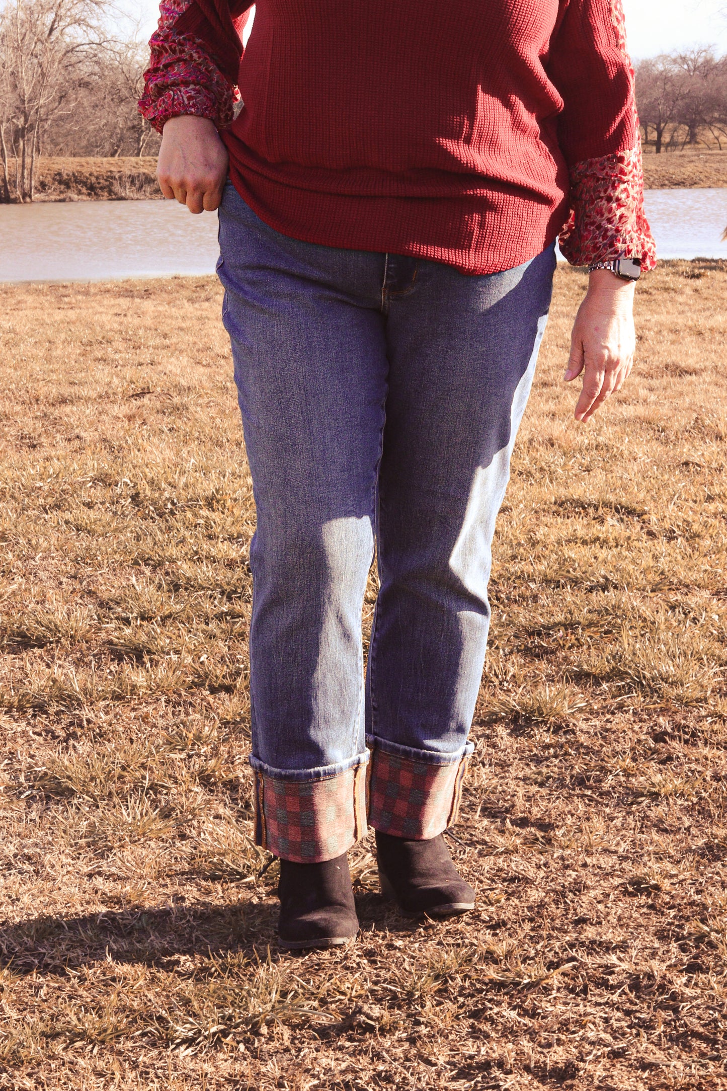 High Waisted Plaid Print Cuff Straight