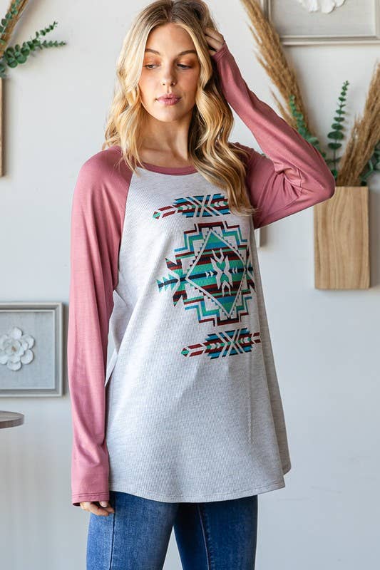 RAGLAN LONG SLEEVE CONTRAST AZTEC TOP