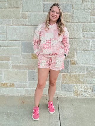 Addie Mae Pink Quilt-Pattern Hoodie & Shorts Loungewear Set