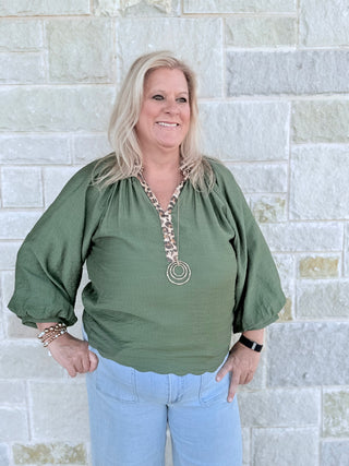 Balloon Sleeve Blouse with Leopard Trim