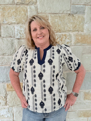 Evelyn Embroidered Puff Sleeve Blouse – Chic Contrast Neck Woven Top - Double K Boutique, LLC