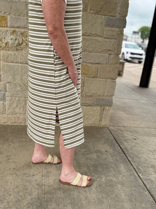 Stripe V Neck Short Sleeve T Shirt Midi Dress with Pockets - Double K Boutique, LLC
