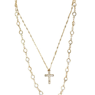 Layered Gold Crystal Beaded Cross Pendant Necklace