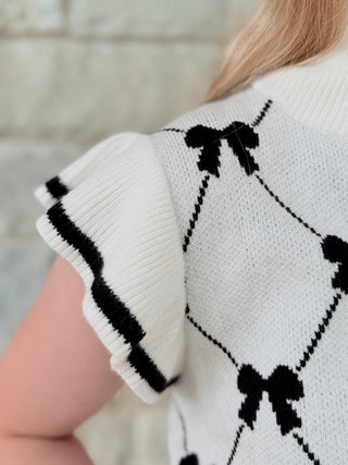 Fashion - W Preppy Vibes Bow Print Zipped Collar Sweater Tee - Double K Boutique, LLC