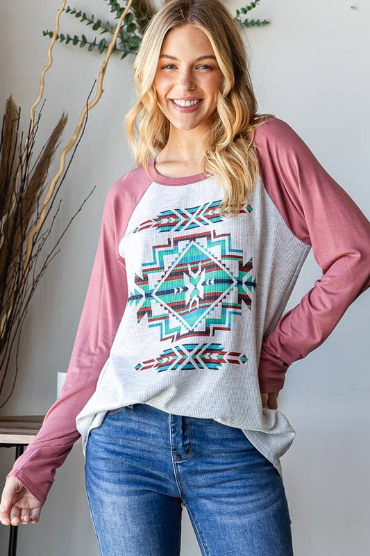 RAGLAN LONG SLEEVE CONTRAST AZTEC TOP