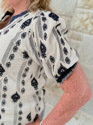 Evelyn Embroidered Puff Sleeve Blouse – Chic Contrast Neck Woven Top - Double K Boutique, LLC