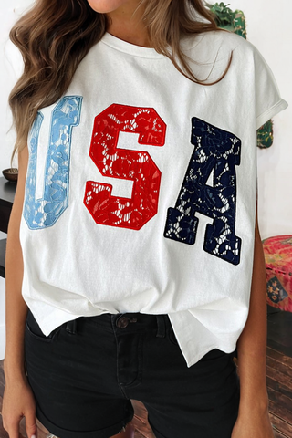 July 4th USA Color Block Letter Printed Dolman Tee