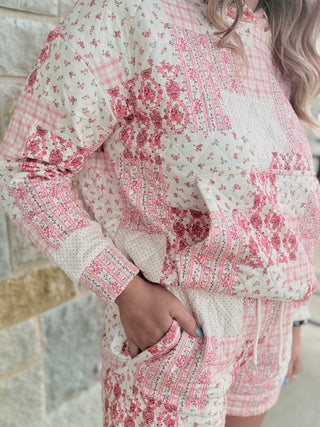 Addie Mae Pink Quilt-Pattern Hoodie & Shorts Loungewear Set