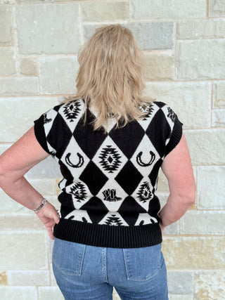 Black Checkered Knit Western Sweater