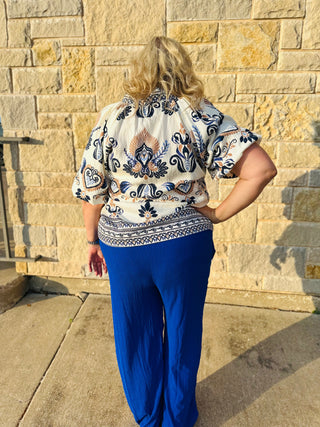 Border Print Bubble Sleeve Blouse