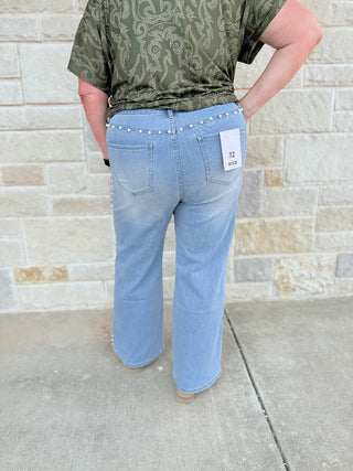 Mica Pearl Embellished High - Rise Wide - Leg Statement Jeans - Double K Boutique, LLC