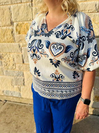 Border Print Bubble Sleeve Blouse