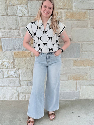 Fashion - W Preppy Vibes Bow Print Zipped Collar Sweater Tee - Double K Boutique, LLC
