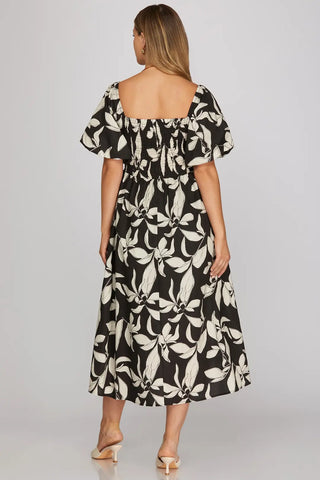 SHORT BUBBLE SLEEVE SMOCKED BACK TOP PRINTED MIDI DRESS WITH POCKETS