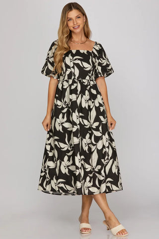 SHORT BUBBLE SLEEVE SMOCKED BACK TOP PRINTED MIDI DRESS WITH POCKETS