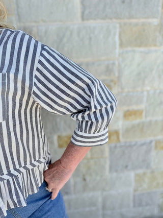 Adelaide Striped Pleated Ruffle Hem Blouse - Double K Boutique, LLC