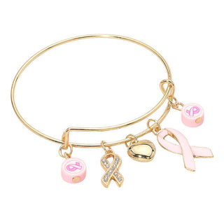 Pink Ribbon Heart Charm Bangle Bracelets