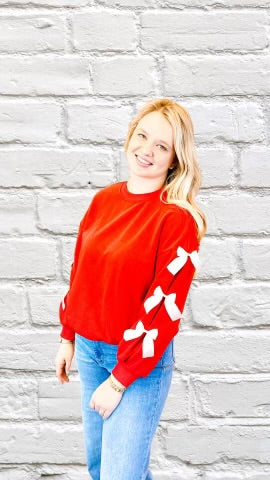 Red Contrast Bow Decor Dropped Sleeve Crewneck