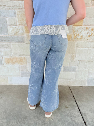 High-Rise Embossed Floral Wide Leg Jeans