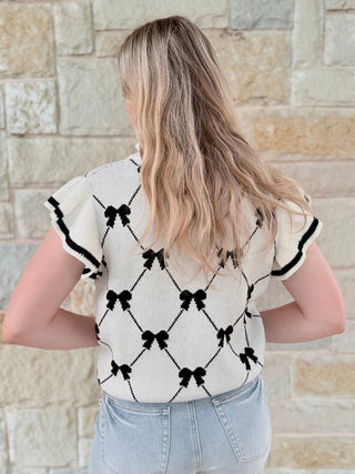 Fashion - W Preppy Vibes Bow Print Zipped Collar Sweater Tee - Double K Boutique, LLC