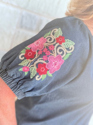 Boho Chic Floral Embroidered Denim Puff Sleeve Top - Double K Boutique, LLC