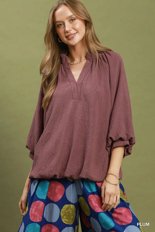 Balloon Sleeve Split Neck Blouse