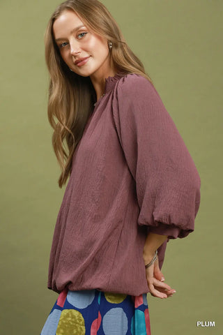 Balloon Sleeve Split Neck Blouse
