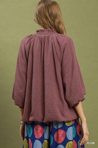 Balloon Sleeve Split Neck Blouse