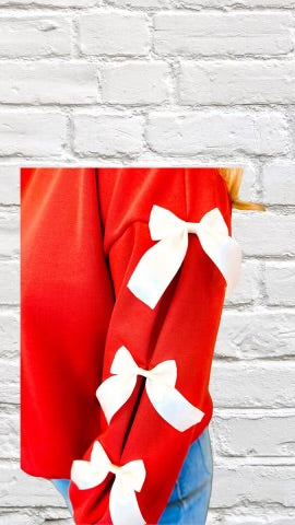 Red Contrast Bow Decor Dropped Sleeve Crewneck