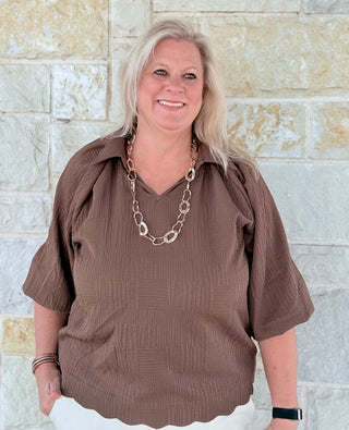 Umgee Textured V-Neck Collared Blouse