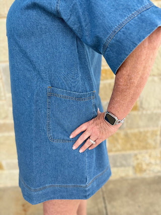 Aria Utility Denim Tunic Dress: Mineral Wash V - Neck Edition - Double K Boutique, LLC