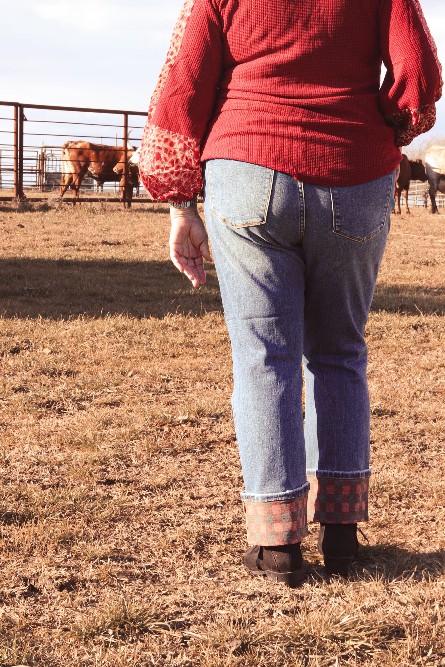 High Waisted Plaid Print Cuff Straight