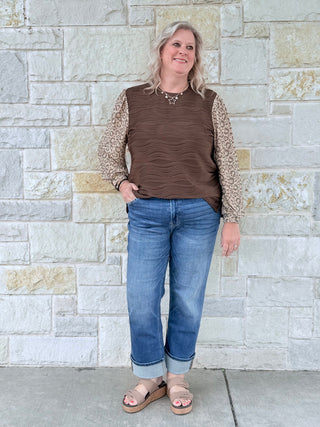 Textured Top with Leopard Print Sleeve