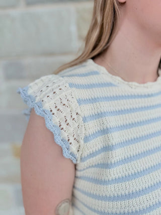 Isla Scalloped Striped Rib Knit Top | Crochet Lace Ruffle Sleeves - Double K Boutique, LLC
