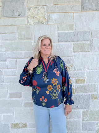 Floral Print V Neck Open Collar Top