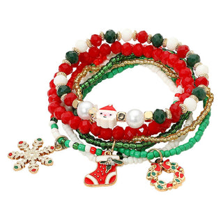 Christmas Charm Faceted Beaded Stretch Multi Layered Bracelets