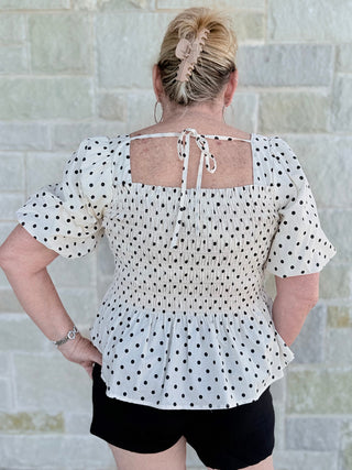 Vintage Charm Polka Dot Smocked Peplum Blouse – Feminine Puff Sleeve Woven Top