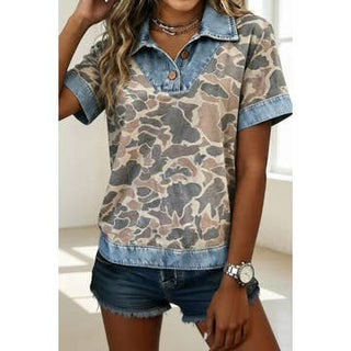 Fashion Patchwork Camouflage Collared Top
