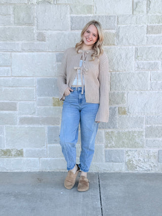 Solid Loose Gauge Knit Sweater Top With Bow Tied