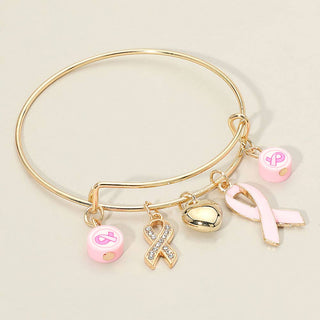 Pink Ribbon Heart Charm Bangle Bracelets